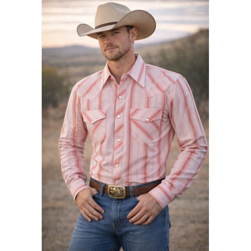 Camisa Mariscal Vaquera Basica Caballero Western Shirt #mlpos_22 | Color: Coral Rayas #color_coral_rayas #sku_marmelr16