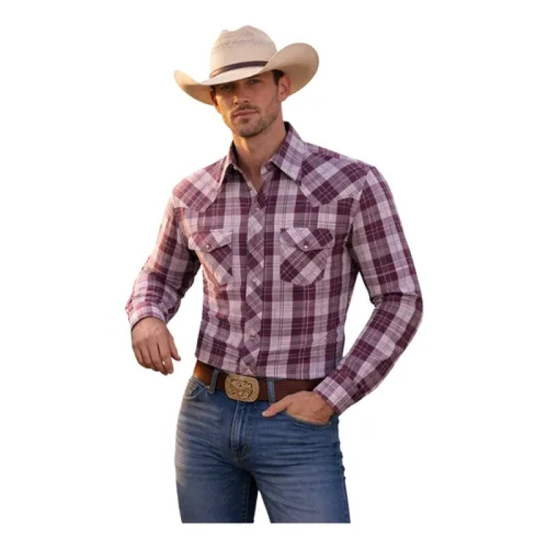 Camisa Mariscal Vaquera Basica Caballero Western Shirt #mlpos_34 | Color: Vino cuadro #color_vino_cuadro #sku_marmor17