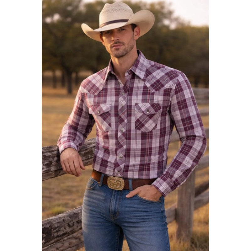 Camisa Mariscal Vaquera Basica Caballero Western Shirt #mlpos_35 | Color: Vino cuadro #color_vino_cuadro #sku_marmor17