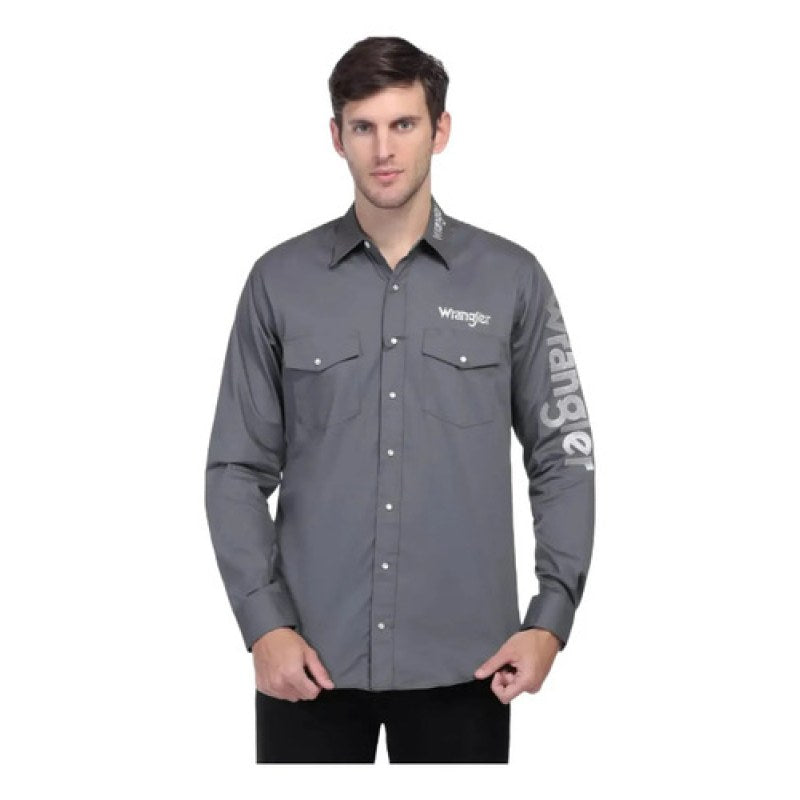 Camisa Vaquera Logos Bordada Basica Wrangler Caballero #mlpos_14 | Color: Oxford #color_oxford #sku_112334002ch #sku_112334002eeg #sku_112334002eg
