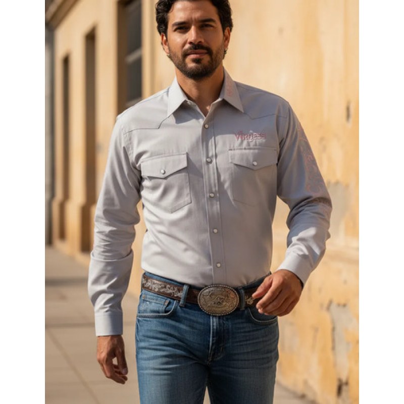 Camisa Vaquera Logos Bordada Basica Wrangler Caballero #mlpos_18 | Color: Gris #color_gris #sku_112380922eeg