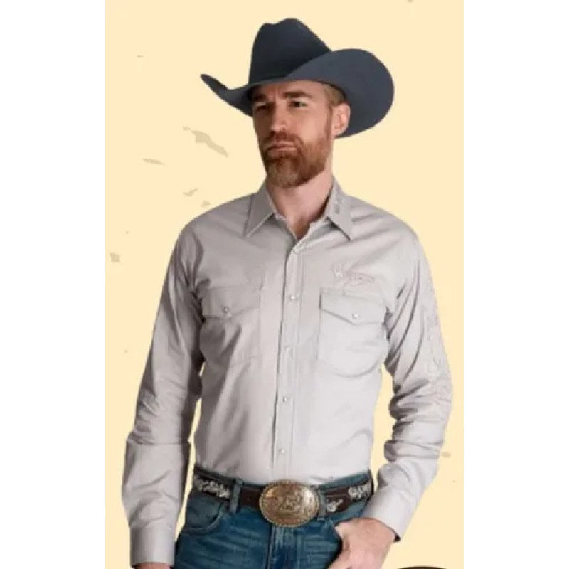 Camisa Vaquera Logos Bordada Basica Wrangler Caballero #mlpos_19 | Color: Gris #color_gris #sku_112380922eeg