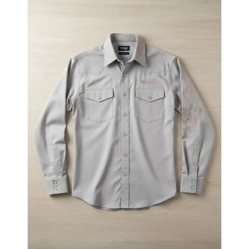 Camisa Vaquera Logos Bordada Basica Wrangler Caballero #mlpos_20 | Color: Gris #color_gris #sku_112380922eeg