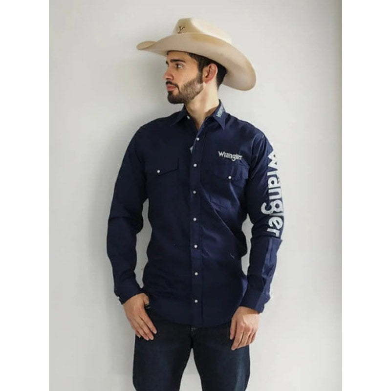 Camisa Vaquera Logos Bordada Basica Wrangler Caballero #mlpos_22 | Color: Marino #color_marino #sku_112334001ch #sku_112334001eeg #sku_112334001eg #sku_112334001g #sku_112334001m