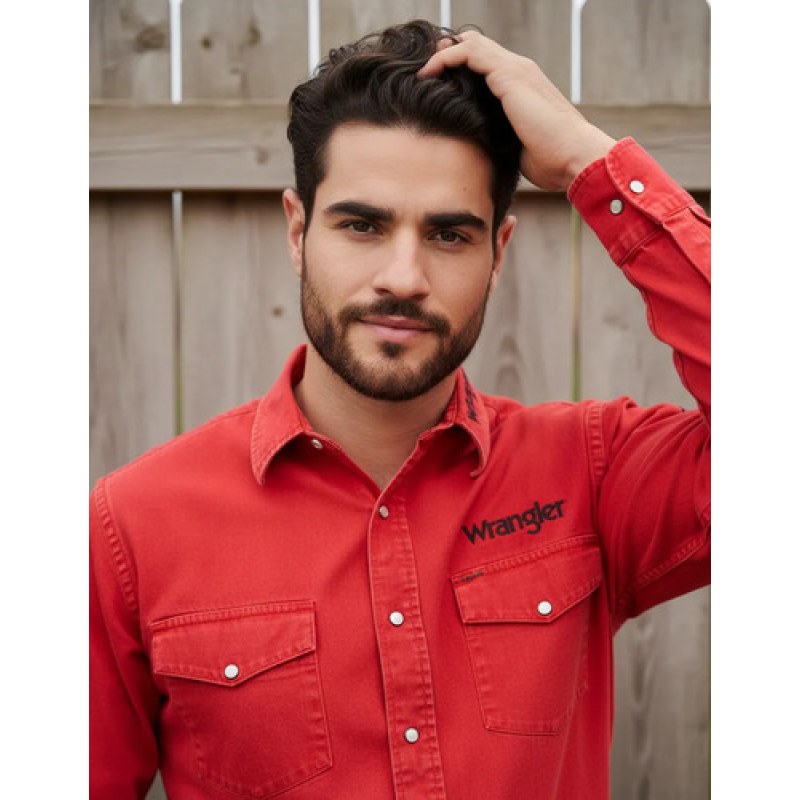 Camisa Vaquera Logos Bordada Basica Wrangler Caballero #mlpos_25 | Color: Rojo nuevo #color_rojo_nuevo #sku_122380924m