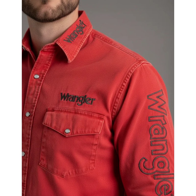 Camisa Vaquera Logos Bordada Basica Wrangler Caballero #mlpos_27 | Color: Rojo nuevo #color_rojo_nuevo #sku_122380924m