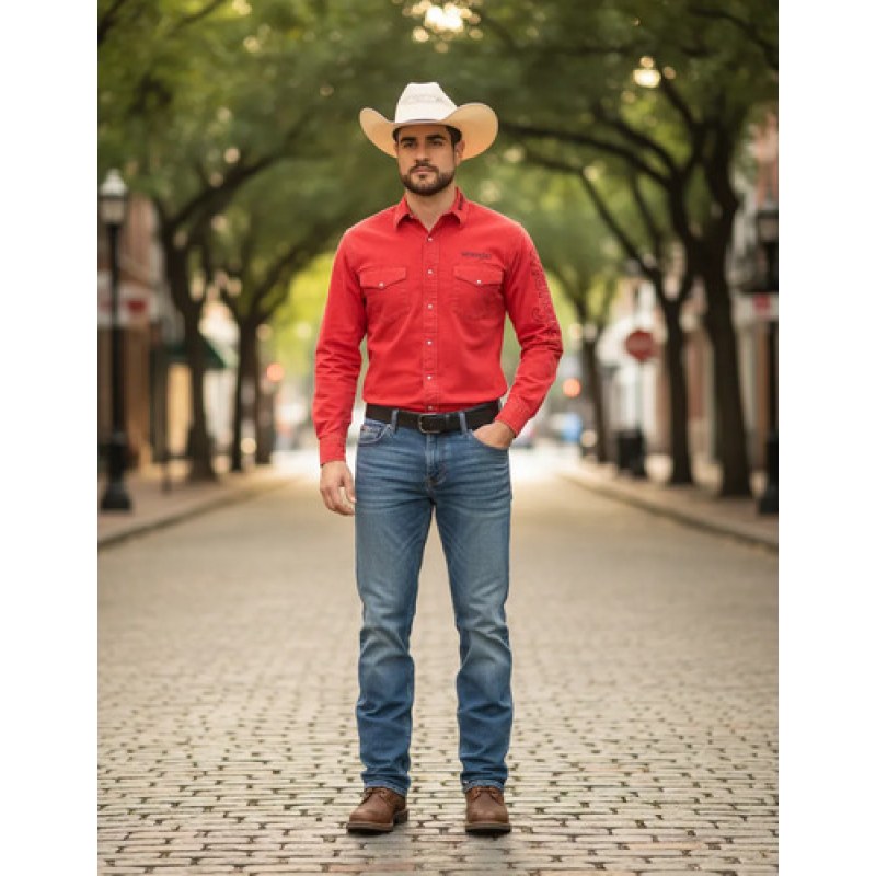 Camisa Vaquera Logos Bordada Basica Wrangler Caballero #mlpos_28 | Color: Rojo nuevo #color_rojo_nuevo #sku_122380924m