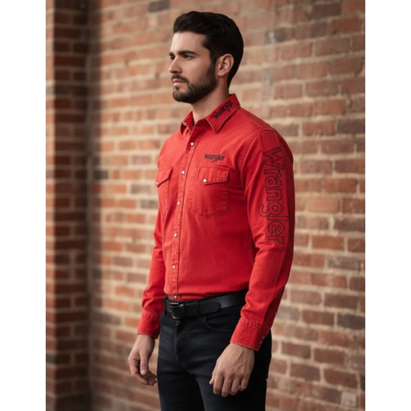 Camisa Vaquera Logos Bordada Basica Wrangler Caballero #mlpos_29 | Color: Rojo nuevo #color_rojo_nuevo #sku_122380924m