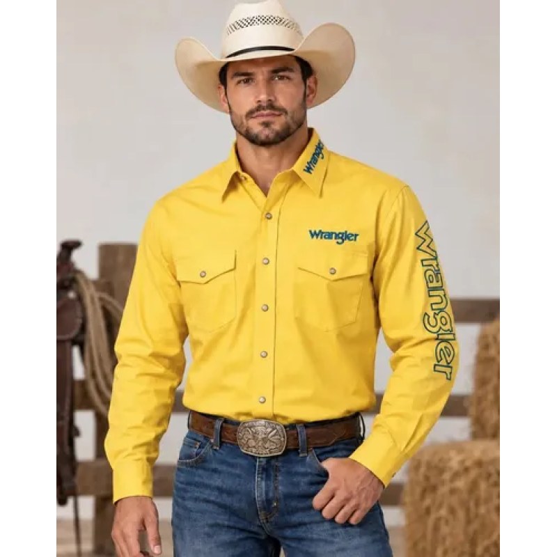 Camisa Vaquera Logos Bordada Basica Wrangler Caballero #mlpos_30 | Color: Amarillo #color_amarillo #sku_112369471ch #sku_112369471eeg #sku_112369471eg #sku_112369471g #sku_112369471m