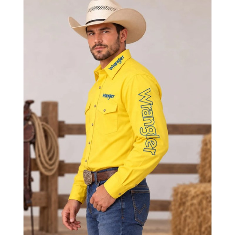 Camisa Vaquera Logos Bordada Basica Wrangler Caballero #mlpos_31 | Color: Amarillo #color_amarillo #sku_112369471ch #sku_112369471eeg #sku_112369471eg #sku_112369471g #sku_112369471m