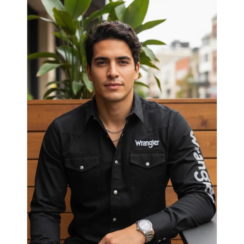 Camisa Vaquera Logos Bordada Basica Wrangler Caballero #mlpos_4 | Color: Negro #color_negro #sku_51lognb02ch #sku_51lognb02eeg #sku_51lognb02eg #sku_51lognb02g #sku_51lognb02m