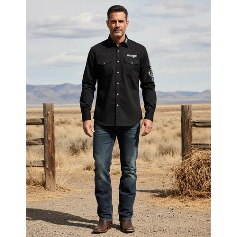 Camisa Vaquera Logos Bordada Basica Wrangler Caballero #mlpos_6 | Color: Negro #color_negro #sku_51lognb02ch #sku_51lognb02eeg #sku_51lognb02eg #sku_51lognb02g #sku_51lognb02m