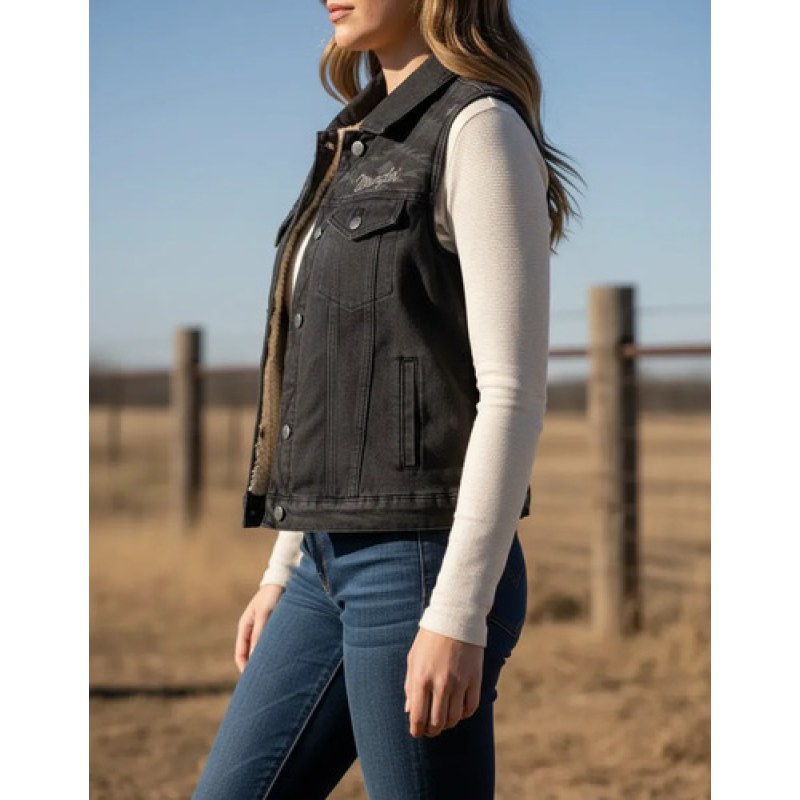 Chaleco Mezclilla Con Borrega De Dama Vaquera Wrangler #mlpos_10 | Color: Negro 112352296 #color_negro_112352296 #sku_112352296azlg #sku_112352296azlm
