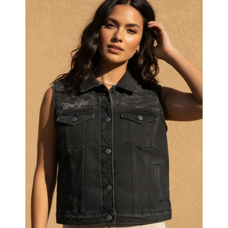 Chaleco Mezclilla Con Borrega De Dama Vaquera Wrangler #mlpos_7 | Color: Negro 112352296 #color_negro_112352296 #sku_112352296azlg #sku_112352296azlm