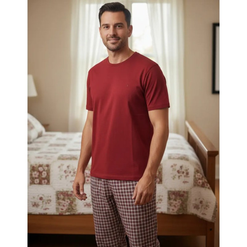 Pijama Clasica Caballero Yale Set De 2 Pzs Pantalon Playera #mlpos_8 | Color: Rojo #color_rojo | Talla: G #sku_mlm1315764919-173710328512