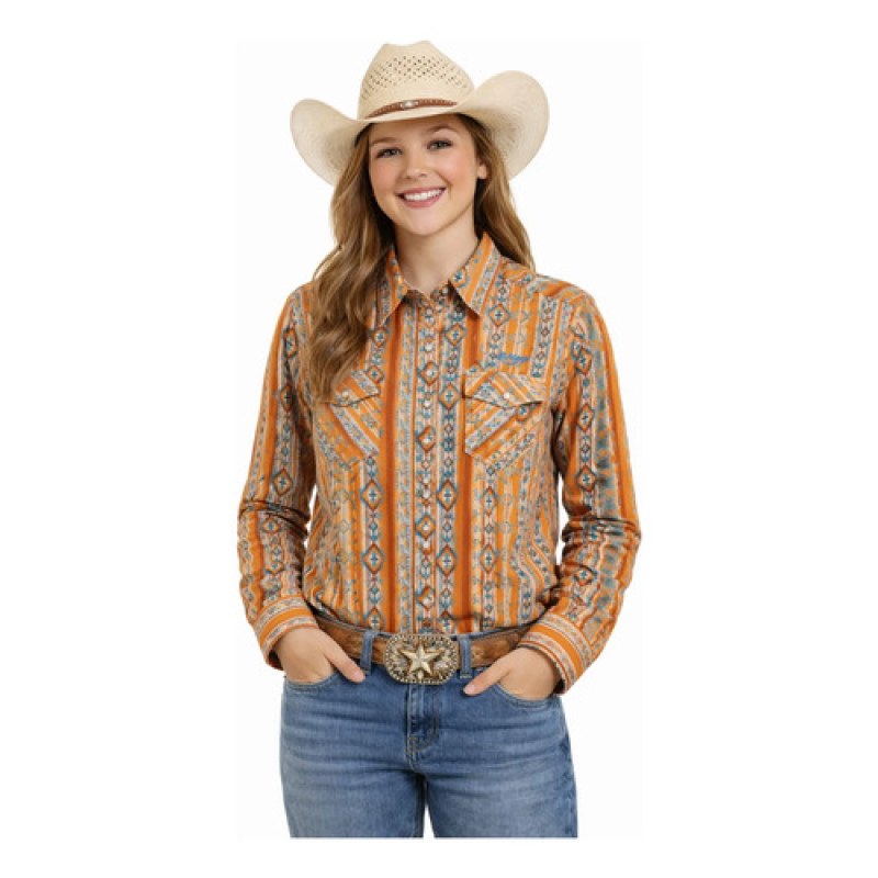 Blusa Vaquera Estampada Wrangler Manga Larga #mlpos_25 | Color: Naranja 7168 #color_naranja_7168 | Talla: XXL #sku_112387168xxl