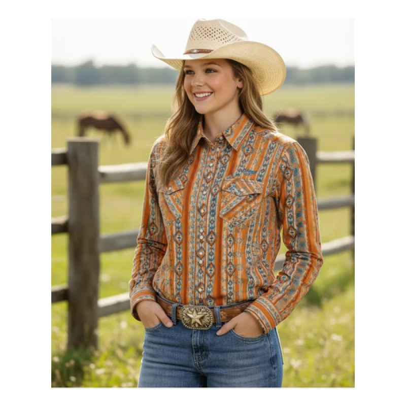 Blusa Vaquera Estampada Wrangler Manga Larga #mlpos_26 | Color: Naranja 7168 #color_naranja_7168 | Talla: XXL #sku_112387168xxl