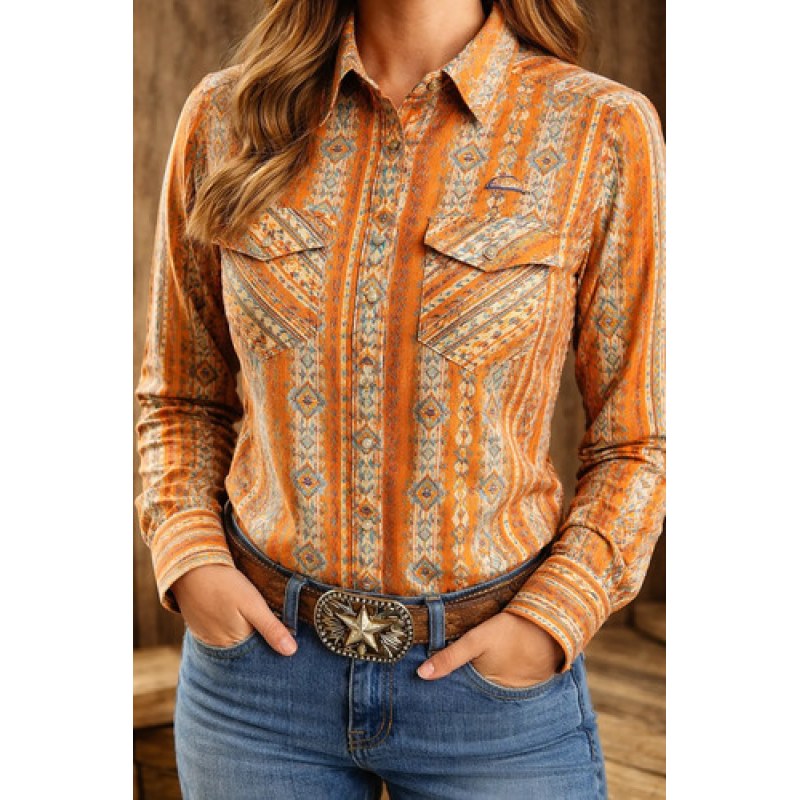 Blusa Vaquera Estampada Wrangler Manga Larga #mlpos_27 | Color: Naranja 7168 #color_naranja_7168 | Talla: XXL #sku_112387168xxl