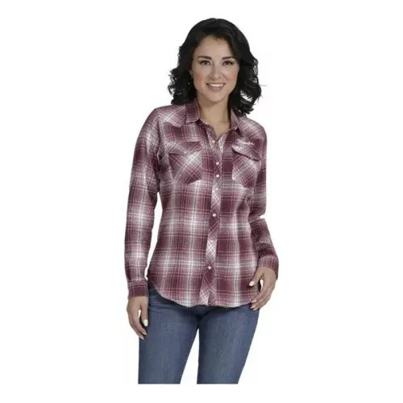 Blusa Vaquera Estampada Wrangler Manga Larga #mlpos_9 | Color: Vino 5993 #color_vino_5993 | Talla: M #sku_112345993vnm