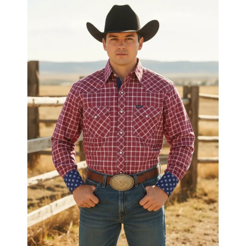 Camisa Vaquera Wrangler Caballero Retro Premium Western Slim #mlpos_5 | Color: Rojo 7659 #color_rojo_7659 | Talla: S #sku_112317659rjch
