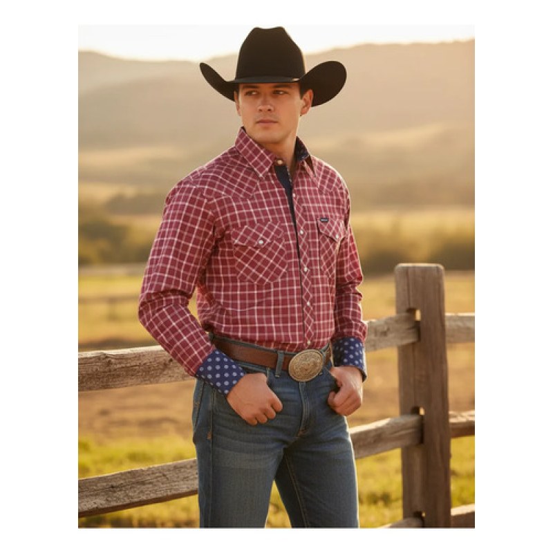 Camisa Vaquera Wrangler Caballero Retro Premium Western Slim #mlpos_6 | Color: Rojo 7659 #color_rojo_7659 | Talla: S #sku_112317659rjch