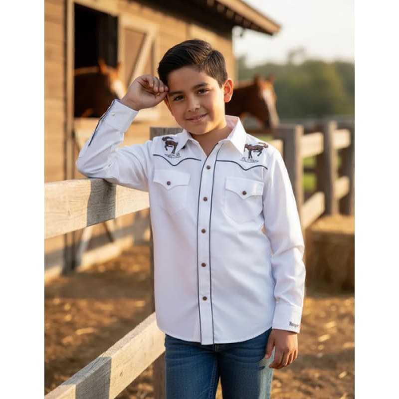 Camisa Charra Vaquera Rangers Niño #mlpos_1 | Color: Blanco 022N01 #color_blanco_022n01 #sku_mlm1487161870-188347280094 #sku_mlm1487161870-188347280096 #sku_mlm1487161870-188347280100 #sku_mlm1487161870-188347280102 #sku_mlm1487161870-188347280104