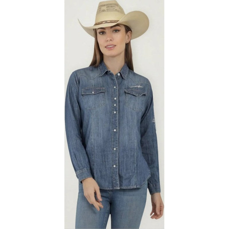Blusa Wrangler Vaquera Western Logos Bordada Dama #mlpos_13 | Color: Stone #color_stone #sku_112360522ch #sku_112360522g #sku_112360522m #sku_112360522xl #sku_112360522xxl