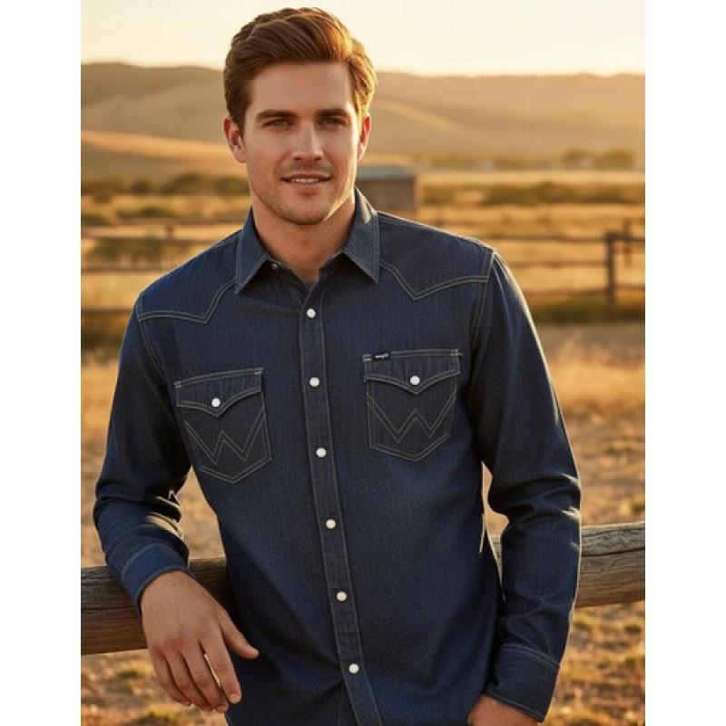 Camisa Wrangler Mezclilla Estampada Demin Caballero #mlpos_1 | Color: MEZSS98 #color_mezss98 #sku_51mezss98l #sku_51mezss98m #sku_51mezss98s #sku_51mezss98xl #sku_51mezss98xxl