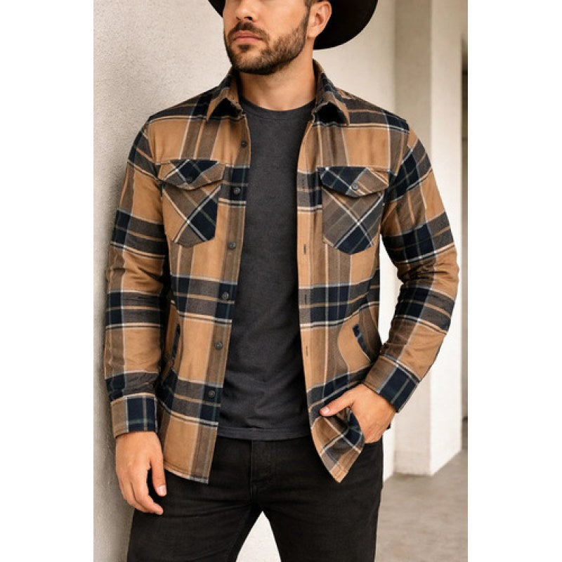 Camisola De Franela Con Borrega Tipo Leñador Winster  #mlpos_1 | Color: Camel #color_camel #sku_wincamoxfm #sku_wincamoxfxl