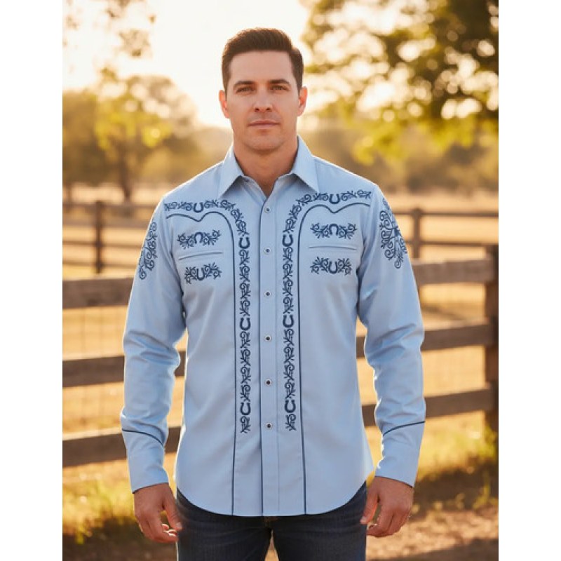 Camisa Vaquera Charra Bordada Rangers Para Caballero #mlpos_11 | Color: Cielo 148 #color_cielo_148 #sku_148ca01cl2xl #sku_148ca01cll