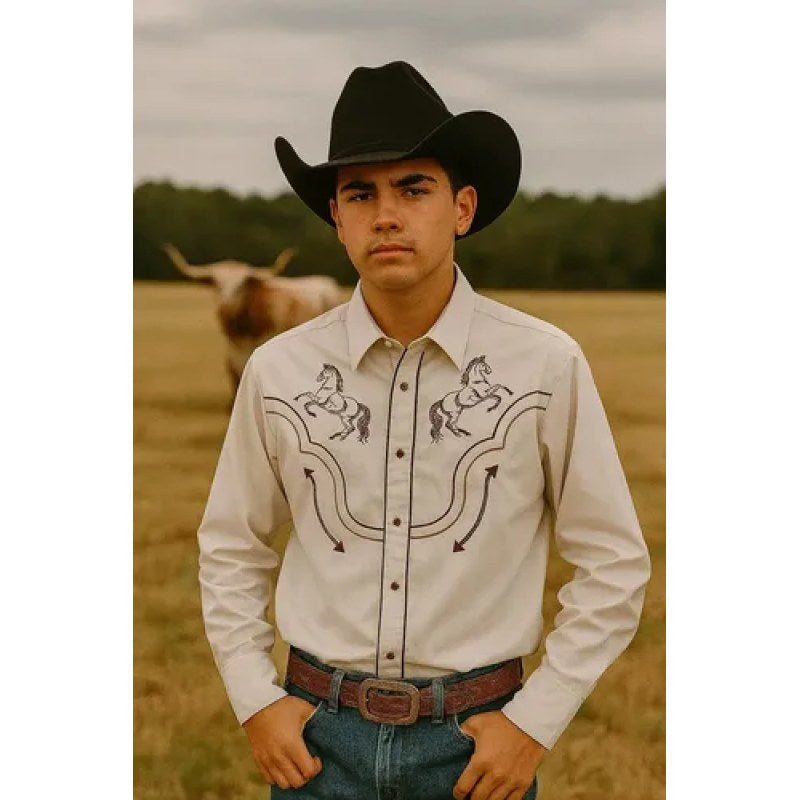 Camisa Vaquera Charra Bordada Rangers Para Caballero #mlpos_15 | Color: Hueso Caballos #color_hueso_caballos #sku_rnhscb2xl #sku_rnhscbm #sku_rnhscbxl