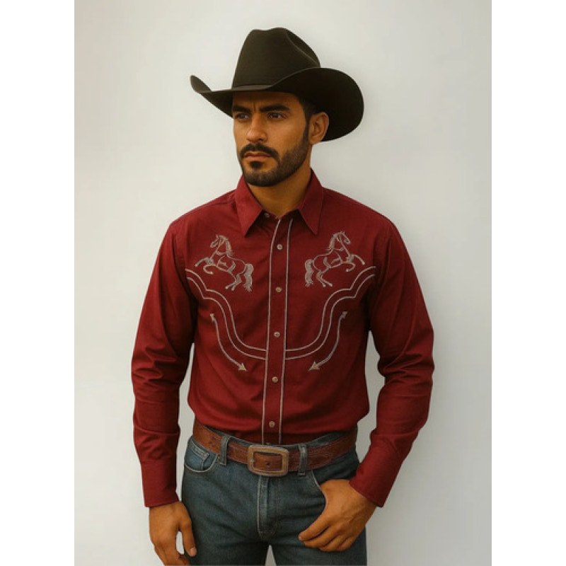 Camisa Vaquera Charra Bordada Rangers Para Caballero #mlpos_16 | Color: Vino 199 #color_vino_199 #sku_rn199xl #sku_rn1992xl