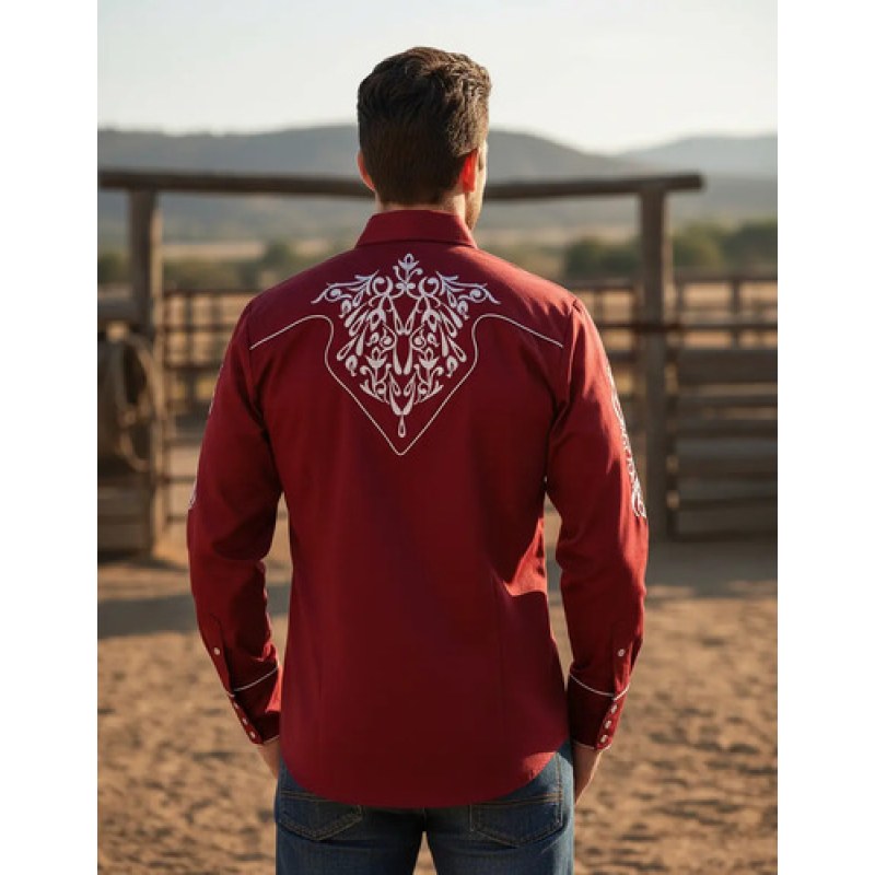 Camisa Vaquera Charra Bordada Rangers Para Caballero #mlpos_20 | Color: Vino 142 #color_vino_142 | Talla: M #sku_rg142m