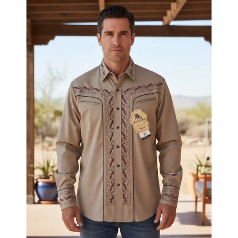 Camisa Vaquera Charra Bordada Rangers Para Caballero #mlpos_7 | Color: Beige 166 #color_beige_166 | Talla: L #sku_166ca01bgl