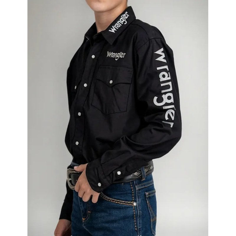 Camisa Vaquera Logos Bordada Wrangler Niño Basica #mlpos_2 | Color: Negro #color_negro #sku_112334007ch #sku_112334007g #sku_112334007m #sku_112334007xl