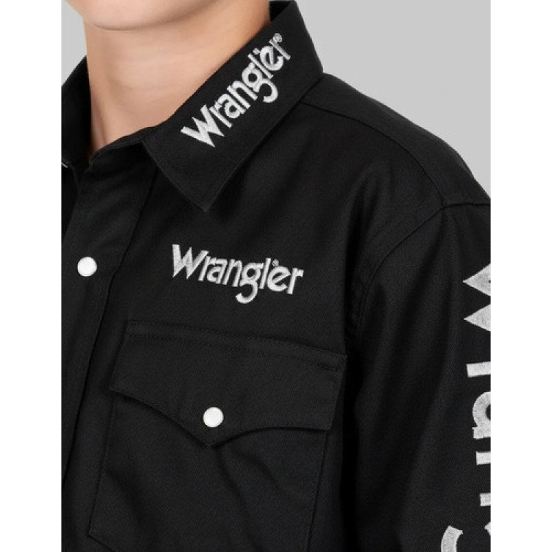 Camisa Vaquera Logos Bordada Wrangler Niño Basica #mlpos_3 | Color: Negro #color_negro #sku_112334007ch #sku_112334007g #sku_112334007m #sku_112334007xl