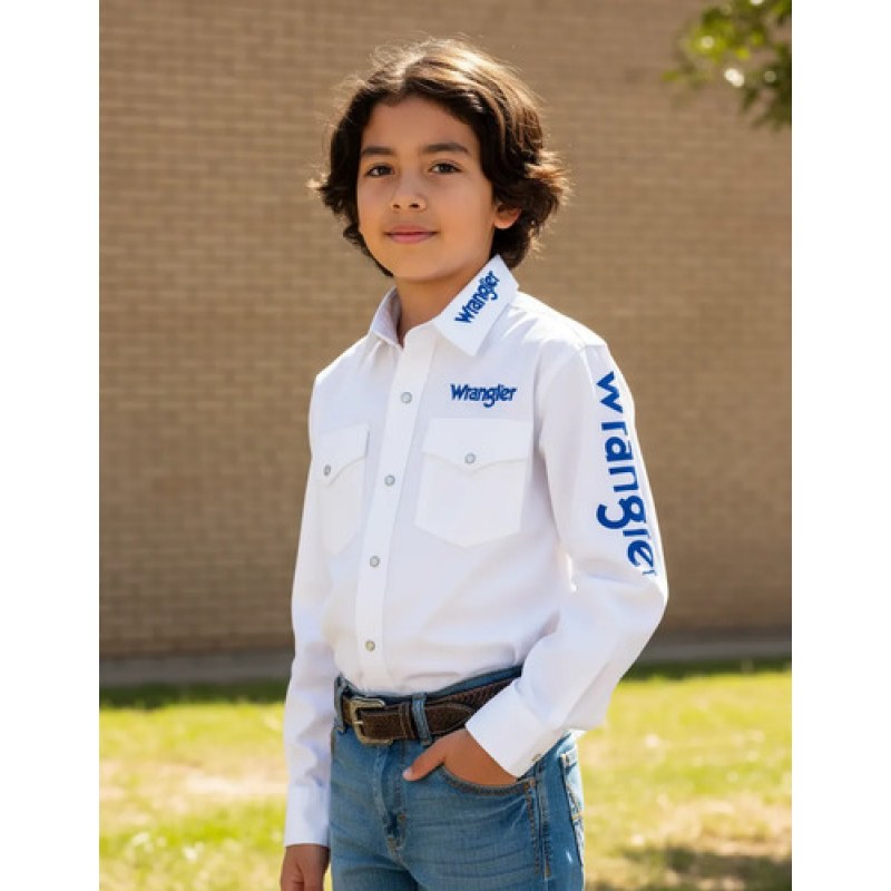 Camisa Vaquera Logos Bordada Wrangler Niño Basica #mlpos_4 | Color: Blanco #color_blanco #sku_112334006ch #sku_112334006g #sku_112334006m #sku_112334006xl