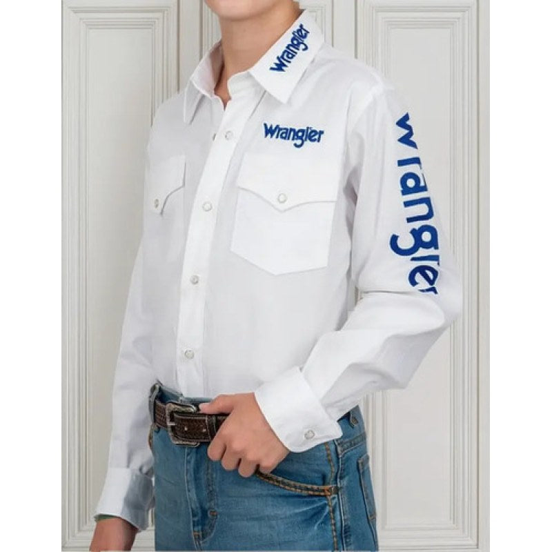Camisa Vaquera Logos Bordada Wrangler Niño Basica #mlpos_5 | Color: Blanco #color_blanco #sku_112334006ch #sku_112334006g #sku_112334006m #sku_112334006xl
