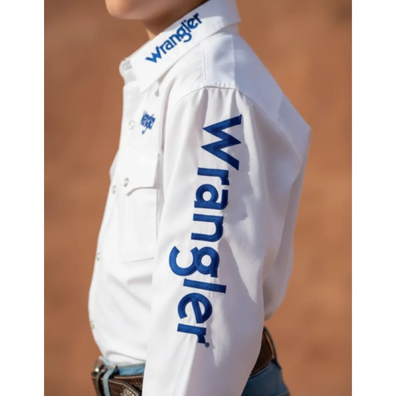 Camisa Vaquera Logos Bordada Wrangler Niño Basica #mlpos_6 | Color: Blanco #color_blanco #sku_112334006ch #sku_112334006g #sku_112334006m #sku_112334006xl