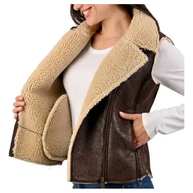 Chaleco Wrangler Vaquero Vinipiel Con Borrega Dama Chocolate L #mlpos_1 #sku_wrchbchl