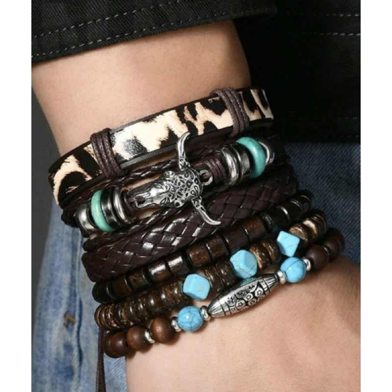 Set De Pulseras Piel Y Cuentas Estilo Vaquero Cráneo De Toro #mlpos_2 #mlitem_MLM3092598603 | Color: PUL2 #color_pul2 #sku_pulvaquera2