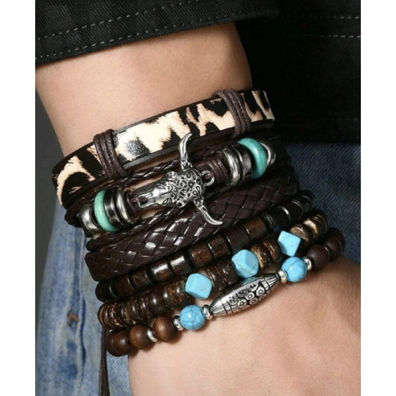 Set De Pulseras Piel Y Cuentas Estilo Vaquero Cráneo De Toro #mlpos_3 #mlitem_MLM3092598603 | Color: PUL2 #color_pul2 #sku_pulvaquera2