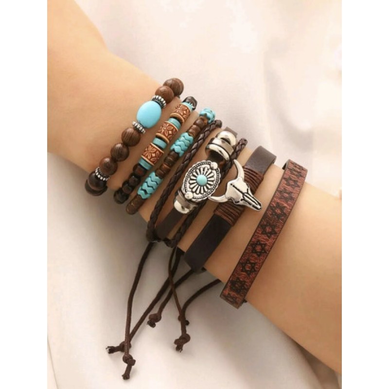 Set De Pulseras Piel Y Cuentas Estilo Vaquero Cráneo De Toro #mlpos_4 #mlitem_MLM3092658267 | Color: PUL1 #color_pul1 #sku_pulvaquera1