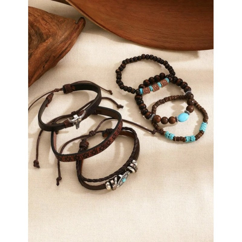 Set De Pulseras Piel Y Cuentas Estilo Vaquero Cráneo De Toro #mlpos_5 #mlitem_MLM3092658267 | Color: PUL1 #color_pul1 #sku_pulvaquera1