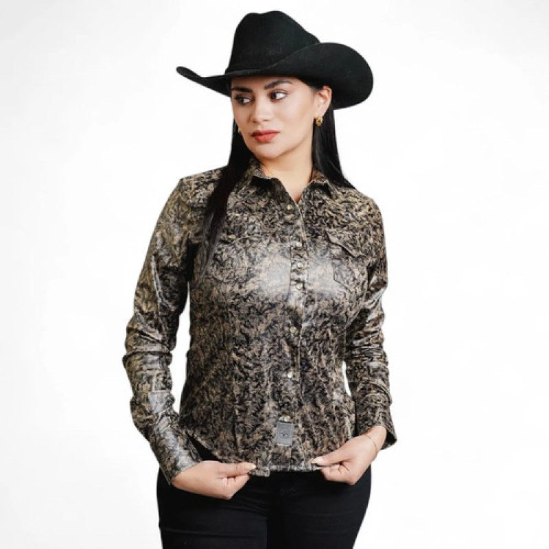Blusa Vaquera Winster Estampado Para Dama #mlpos_4 | Color: Cafe #color_cafe | Talla: L #sku_flockcafel