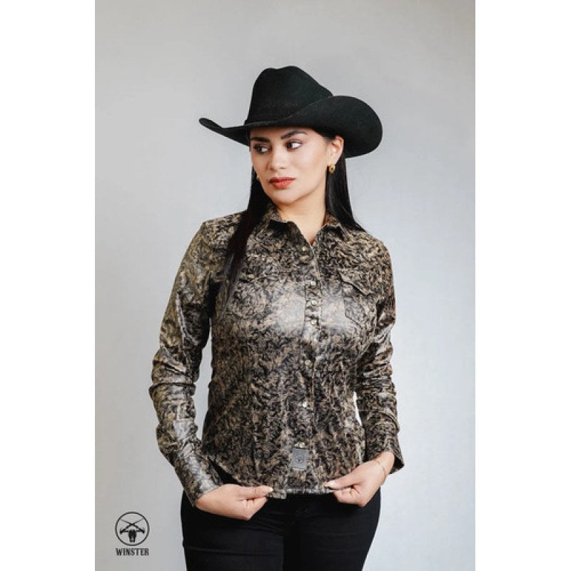 Blusa Vaquera Winster Estampado Para Dama #mlpos_5 | Color: Cafe #color_cafe | Talla: L #sku_flockcafel