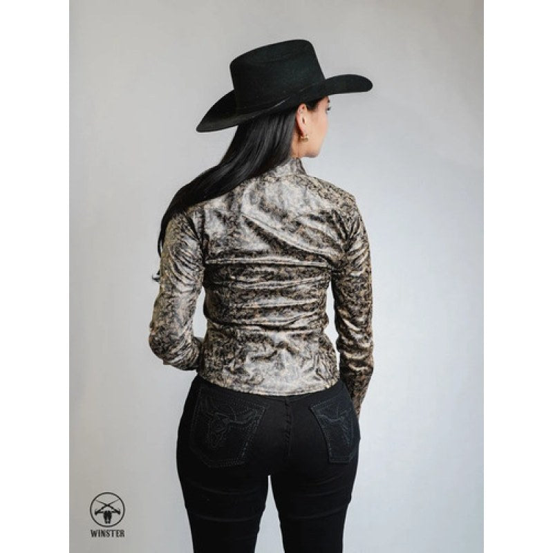 Blusa Vaquera Winster Estampado Para Dama #mlpos_6 | Color: Cafe #color_cafe | Talla: L #sku_flockcafel