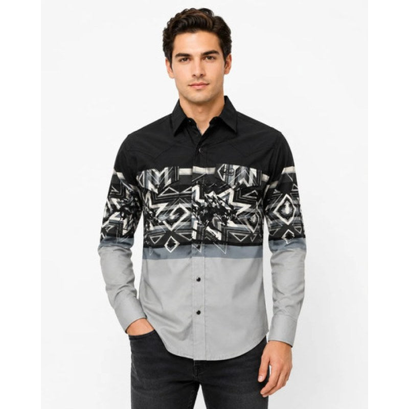 Camisa Vaquera Montero Cenefa Estampada Azteca Manga Larga #mlpos_1 #mlitem_MLM2967954815 | Color: Negro | Talla: M #color_negro #sku_mt1009ng2xl #sku_mt1009ng3xl #sku_mt1009ngl #sku_mt1009ngm #sku_mt1009ngs #sku_mt1009ngxl