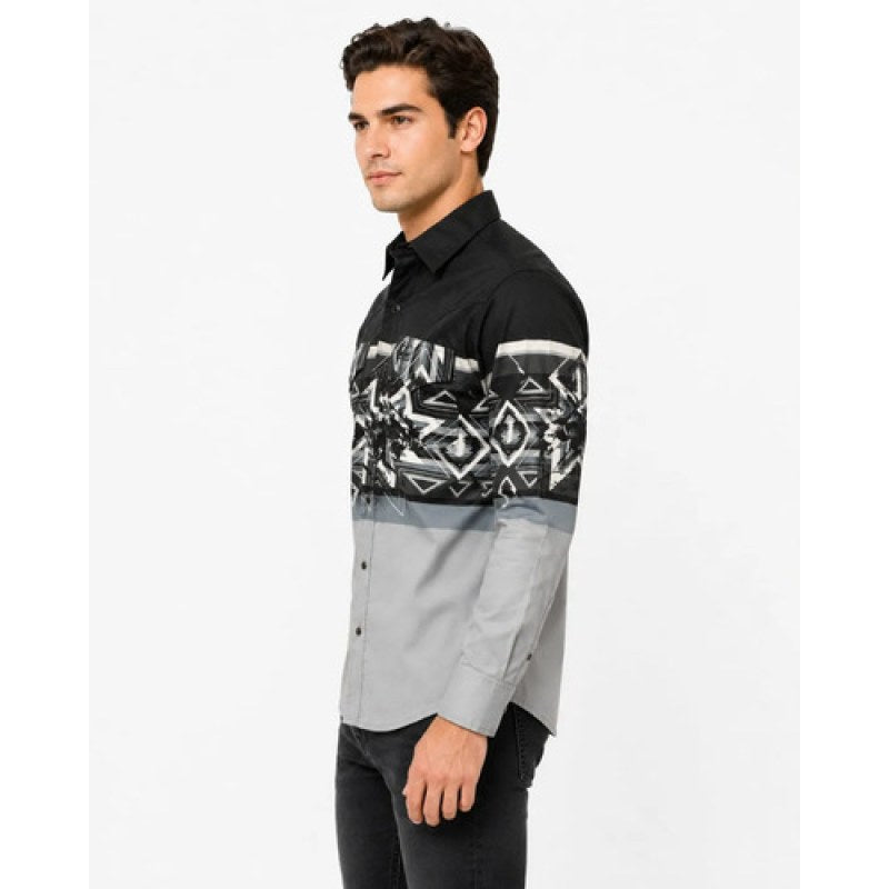Camisa Vaquera Montero Cenefa Estampada Azteca Manga Larga #mlpos_2 #mlitem_MLM2967954815 | Color: Negro | Talla: M #color_negro #sku_mt1009ng2xl #sku_mt1009ng3xl #sku_mt1009ngl #sku_mt1009ngm #sku_mt1009ngs #sku_mt1009ngxl