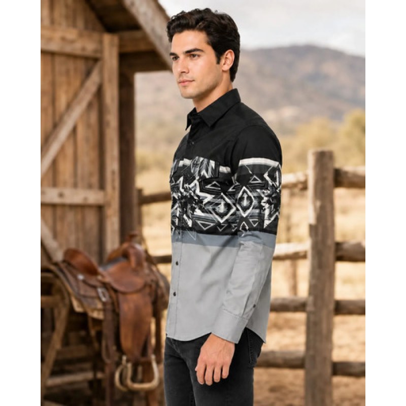 Camisa Vaquera Montero Cenefa Estampada Azteca Manga Larga #mlpos_3 #mlitem_MLM2967954815 | Color: Negro | Talla: M #color_negro #sku_mt1009ng2xl #sku_mt1009ng3xl #sku_mt1009ngl #sku_mt1009ngm #sku_mt1009ngs #sku_mt1009ngxl